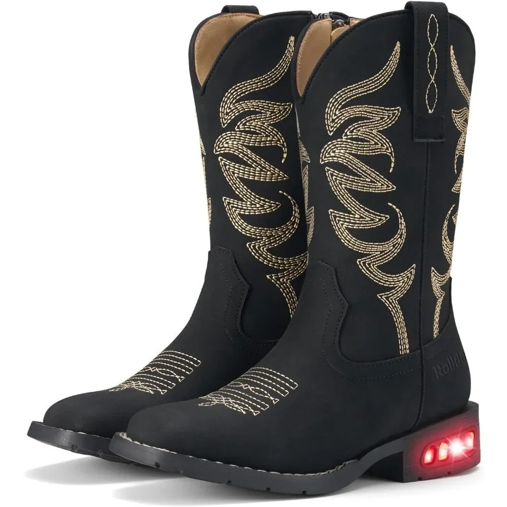 ⚡Girls Black Cowgirl Boots Light Up Kids Western Boots for Toddler Calf High